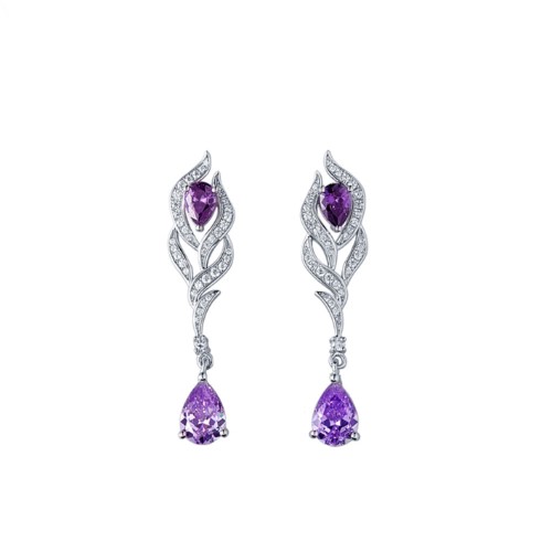 白锆石圆形紫翅膀纯银彩宝耳环